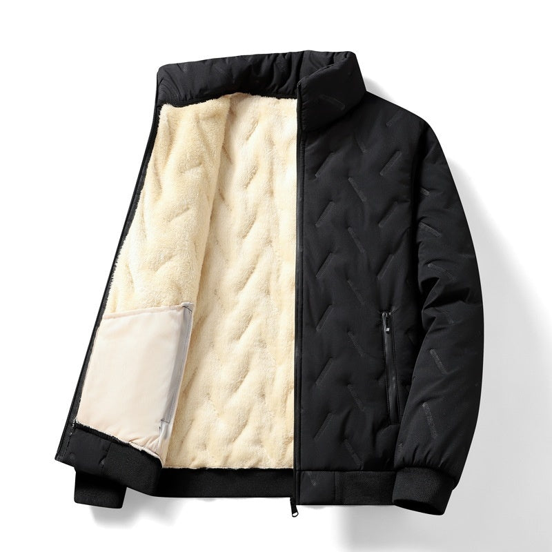 Mens Mid-Length Padded Fleece-Lined Cotton Coat With A Collar For Warmth