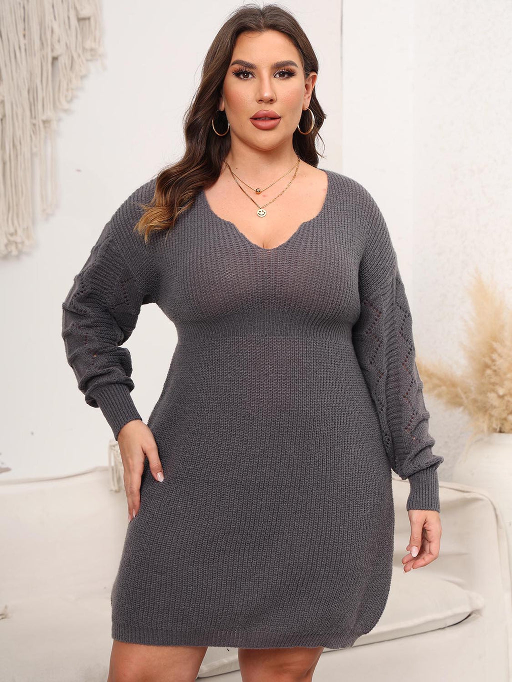 Dropped Shoulder Long Sleeve Knit Mini Dress
