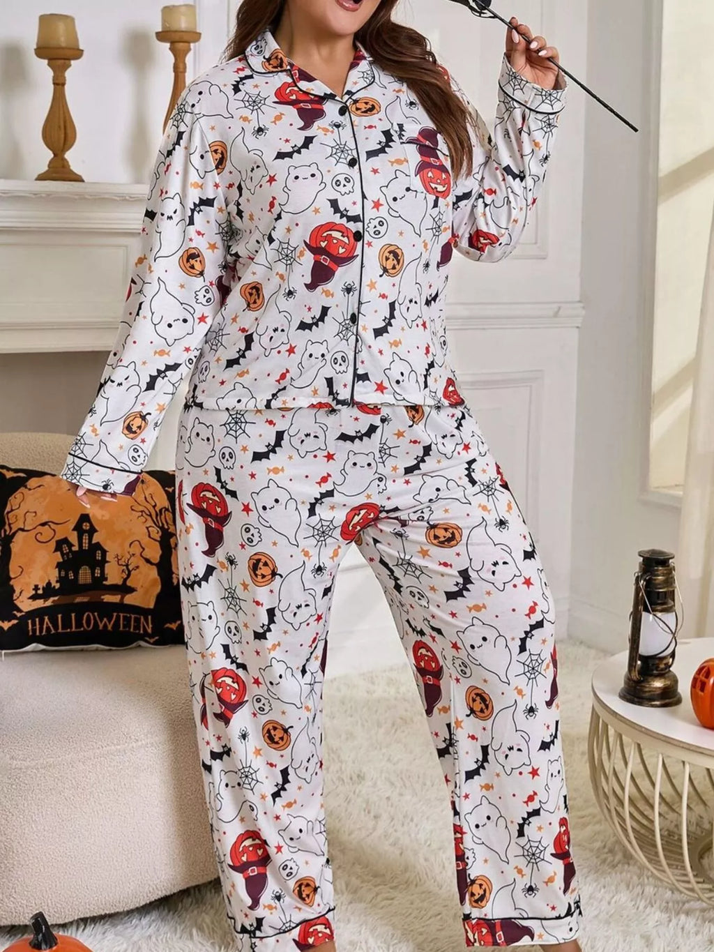 Halloween Ghost and Pumpkin Print Top and Pants Lounge Set