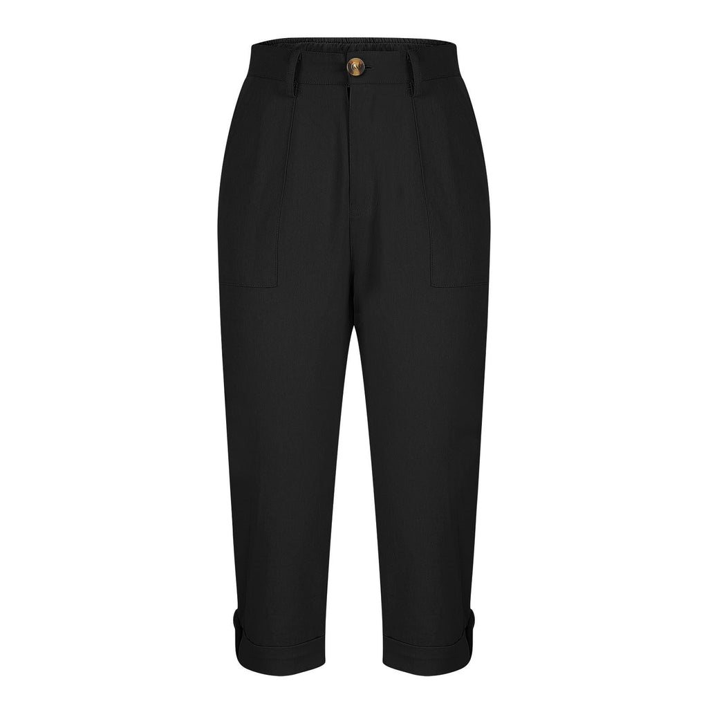Womens Solid-color Buttoned Roll-up Capri Pants