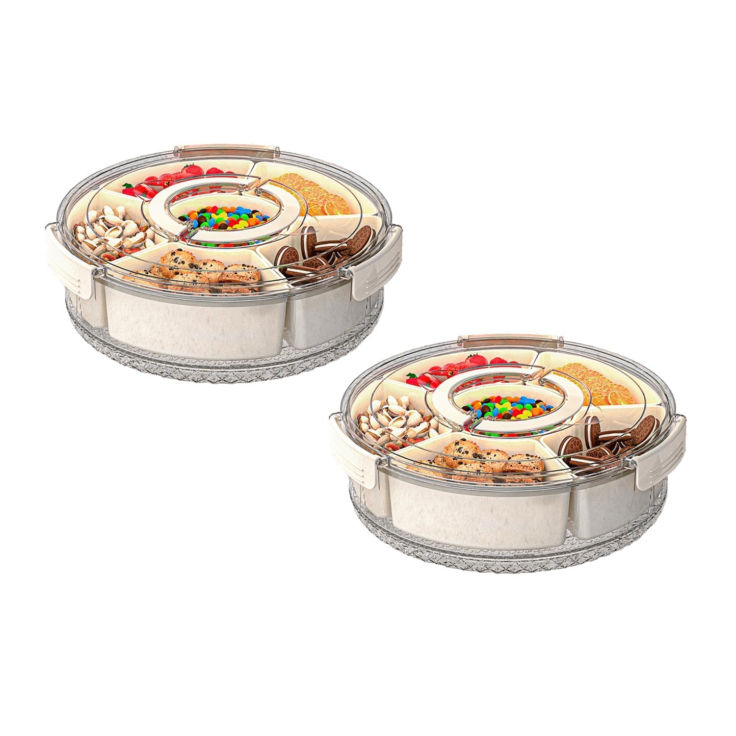 2Pcs Divided Serving Tray with Lid and Handle 360¡ Rotatable Snack Box Container with 6 Dividers Clear Portable Snack Platters for Fruit Candy Nut Sna