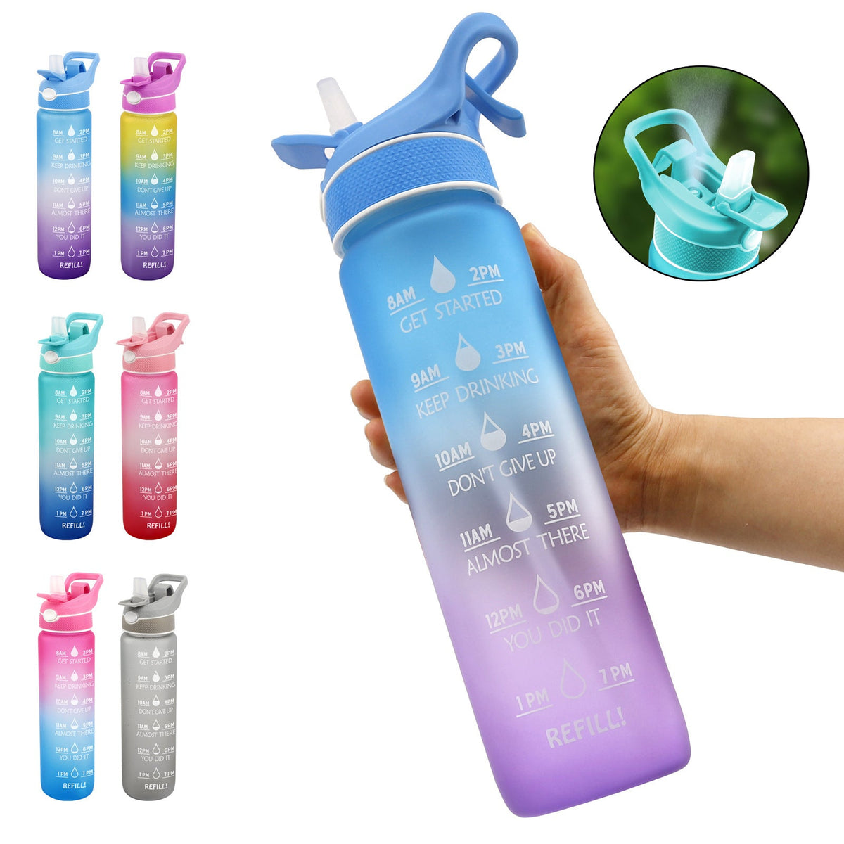 1000ml Motivational Straw Water Bottle with Spray & Time Marker