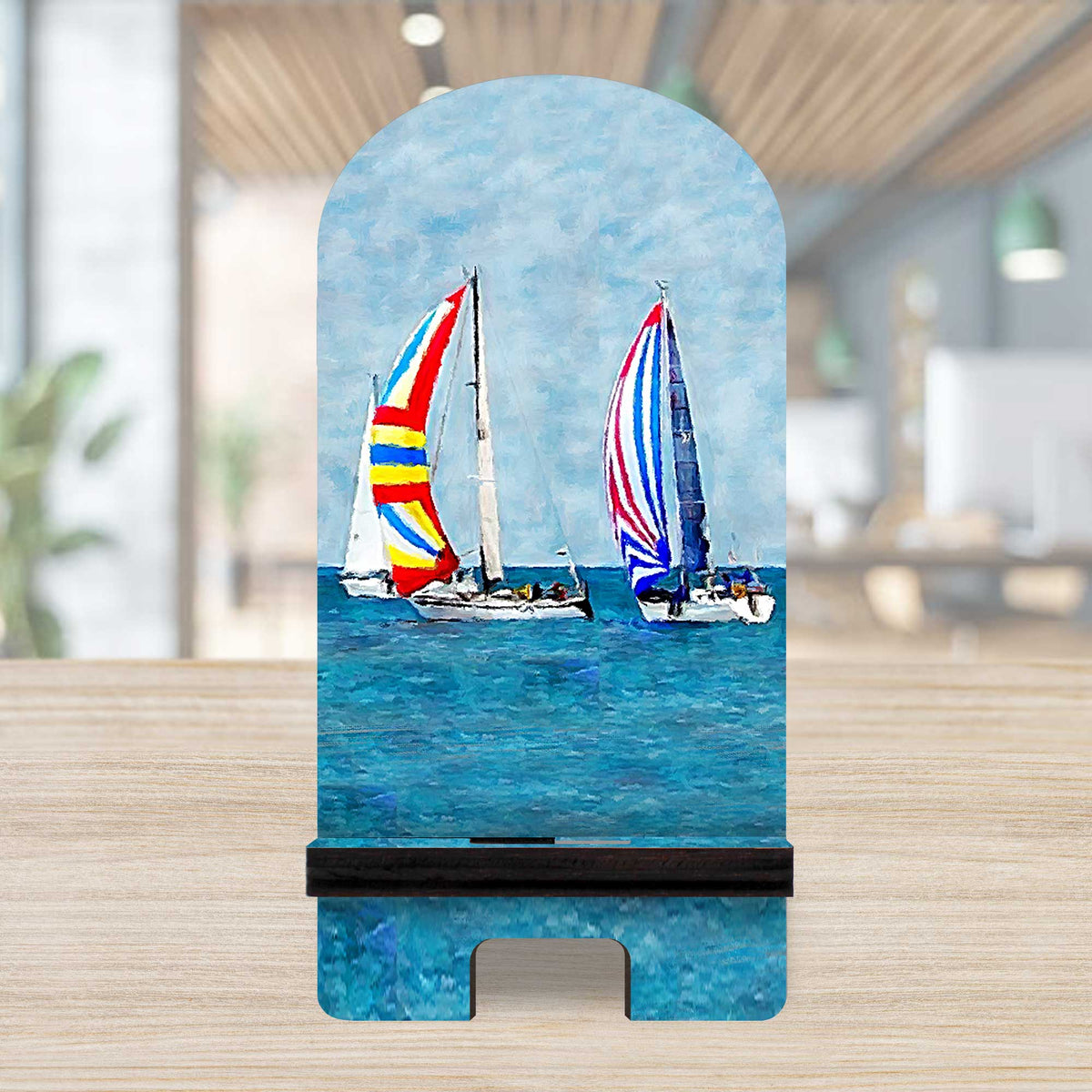 Sail Boats Cell Phone Stand Coastal Decor Wood Mobile Tablet Holder Charging Station Organizer - 892042