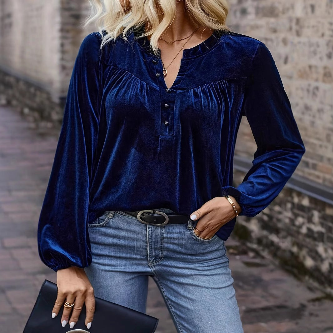 Elegant Long Sleeve Top For Spring & Fall  Women's Casual Chic Solid Color Pullover V-Neck Button