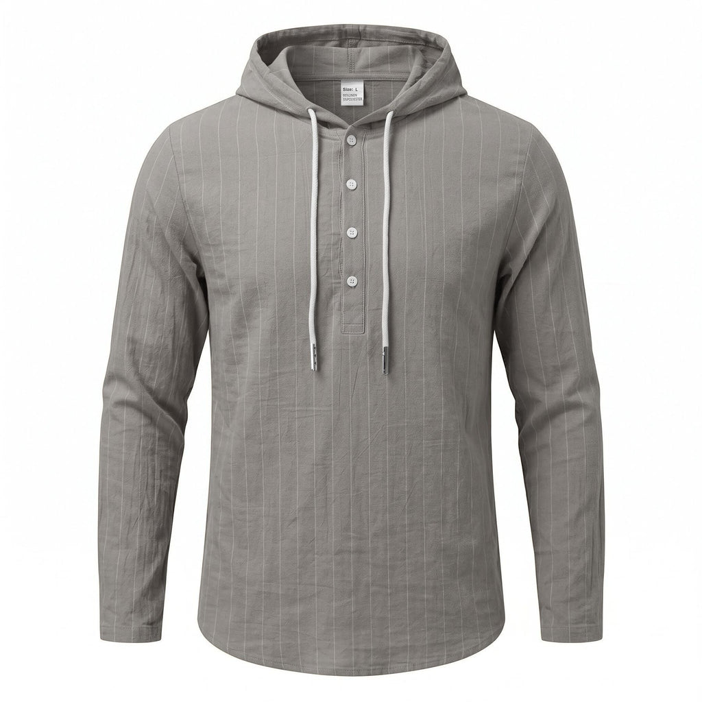 Casual Mens Loose-fit Vertical-striped Hooded Long-sleeve Shirt