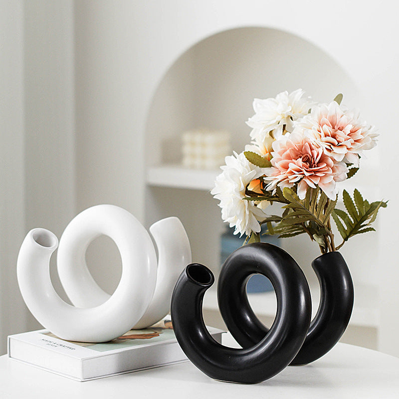 Nordic Minimalist Ceramic Vase — Handmade, White & Black