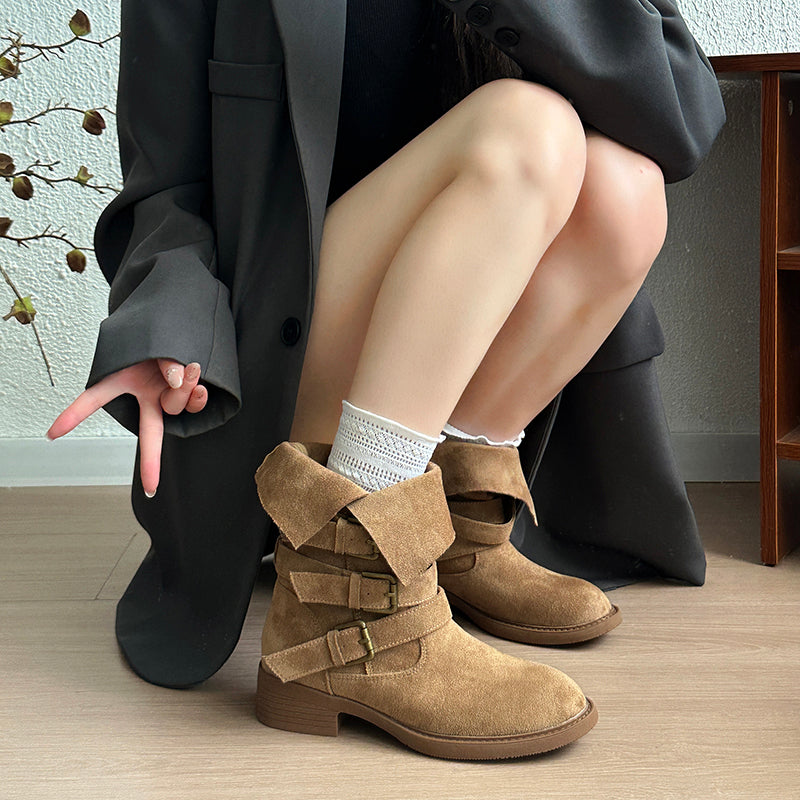Vintage Belt Buckle Slouchy Boots Women 2026 Fall New Block Heel Mid Calf Western Cowboy Short Boots