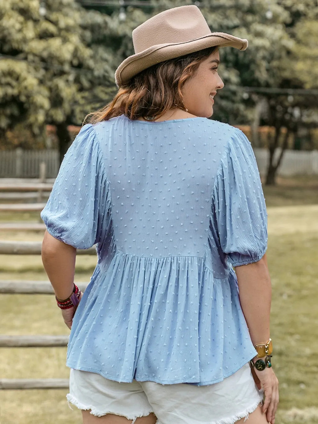 Swiss Dot Tie Neck Short Sleeve Blouse
