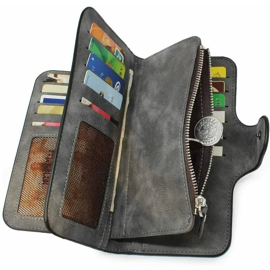 Vintage Faux Leather Long Wallet – Trifold Credit Card Holder with Snap & Zipper