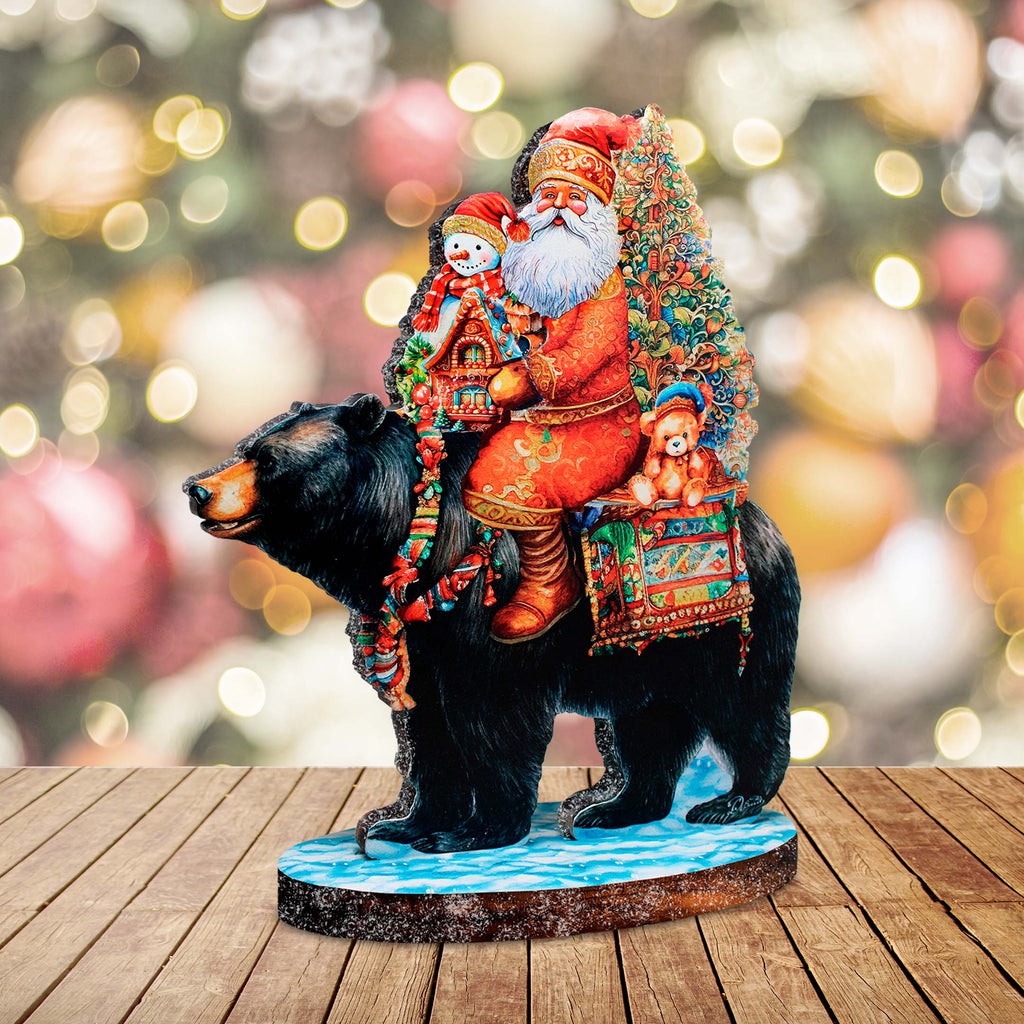 Santa Claus and Black Bear Limited Edition Wooden Figurine by G. Debrekht - Christmas Centerpiece Decoration - 89315