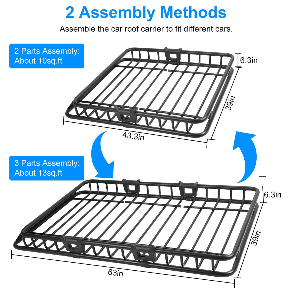 63x39x6.3in Universal Roof Rack Cargo Carrier Car Top Luggage Holder Basket withÊHook Strap Elastic Net