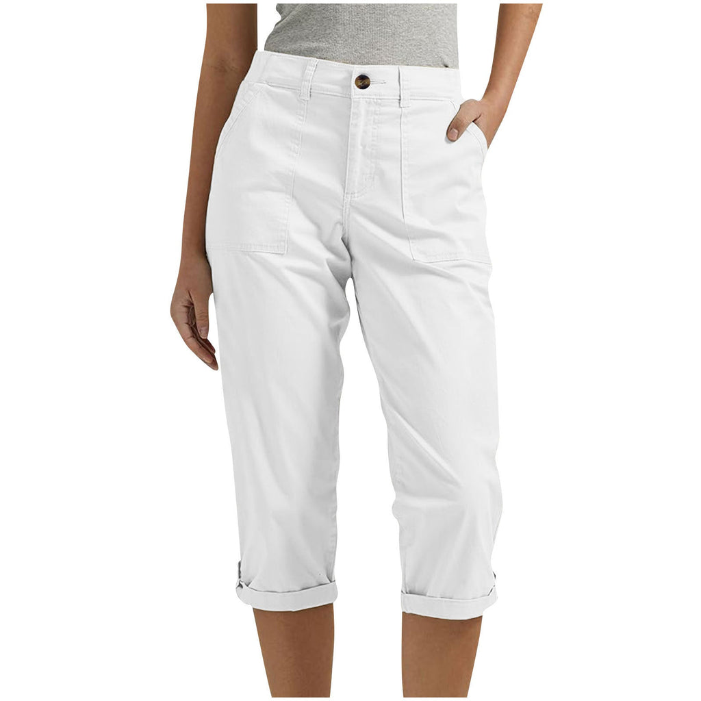 Cross-border Women's Solid Color Workwear Pants Waist Button Pants Ear Design Pants Leg Curled Women's Cropped Pants