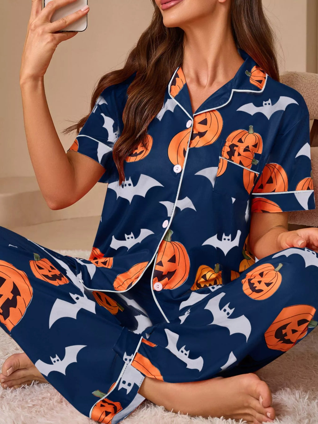 Halloween Pumpkin and Bat Print Button-Down Top and Pants Lounge Set