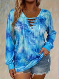 Women's Tie-dye Long Sleeve V-neck Loose-fitting Casual T-shirt
