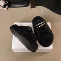 Women's Platform Height-Increasing Furry Single Strap Slippers, 2026 New Autumn Winter Pearl Magic Tape Warm Slides For Petite Women, Wearable Outdoors