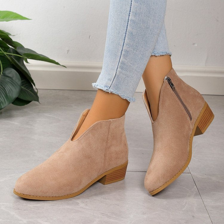 V Cut Chelsea Women's Chunky Heel Pointed Ankle Boots