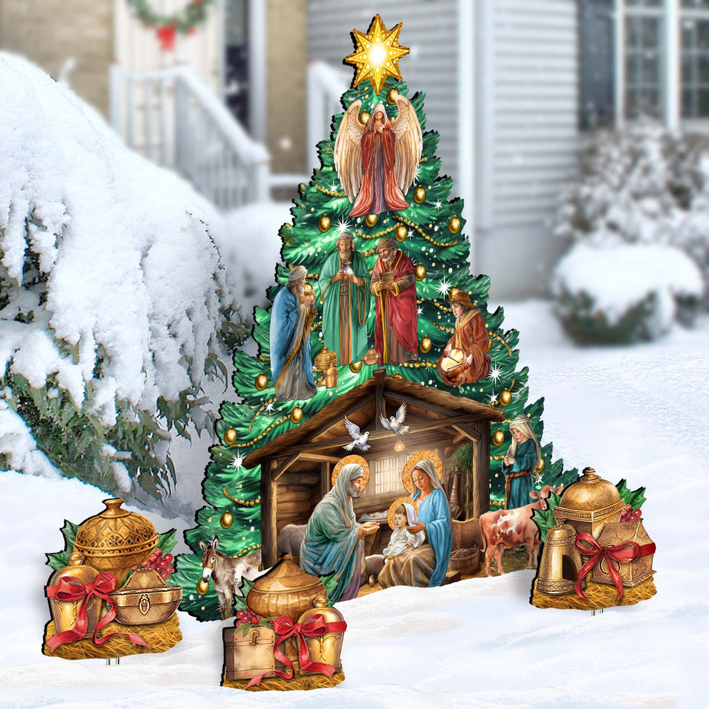 Nativity-Themed Christmas Tree Set Outdoor Indoor Décor Wooden Christmas Decoration by G. Debrekht Christmas Décor - 8191503-3F-G