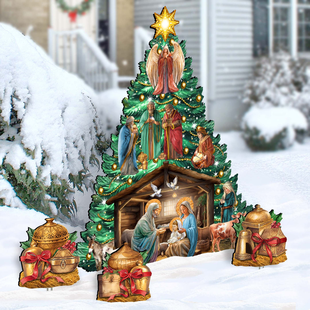 Nativity-Themed Christmas Tree Set Outdoor Indoor Décor Wooden Christmas Decoration by G. Debrekht Christmas Décor - 8191503-3F-G