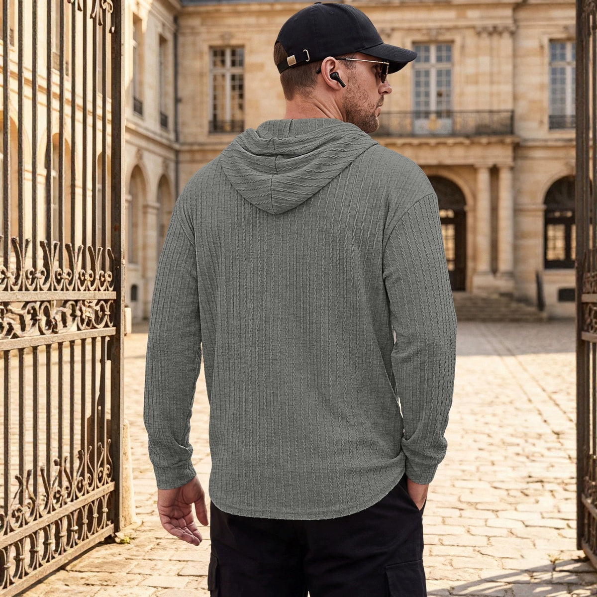 Textured Cable Knit Hooded Polo Shirt For Men, Spring & Autumn Cross-border Independent Station Item, Loose Quick-Dry Casual Knit Sweatshirt For Foreign Trade