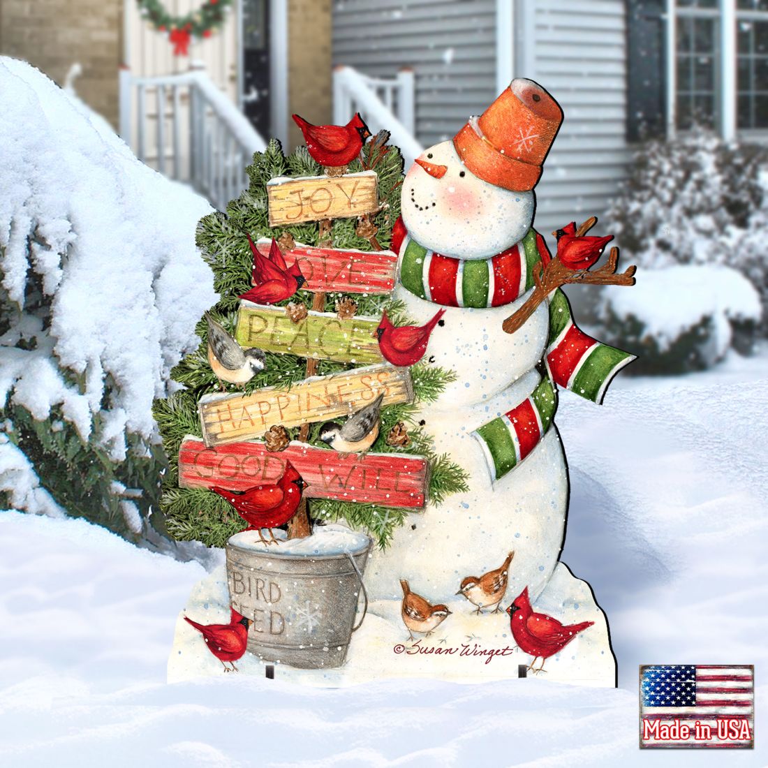 Joy Love and Peace Snowman Christmas Outdoor Scene by Susan Winget - Christmas Santa Snowman Decor - 8471108F-SW