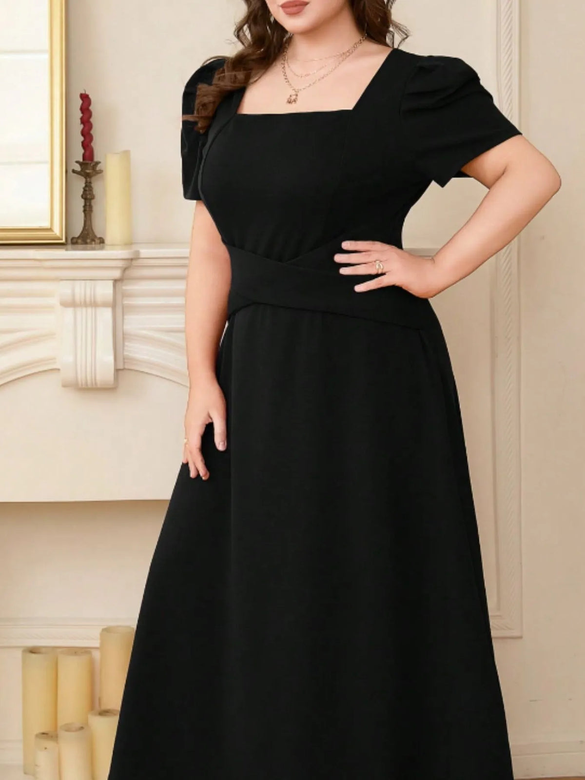 Square Neck Puff Sleeve Midi Dress
