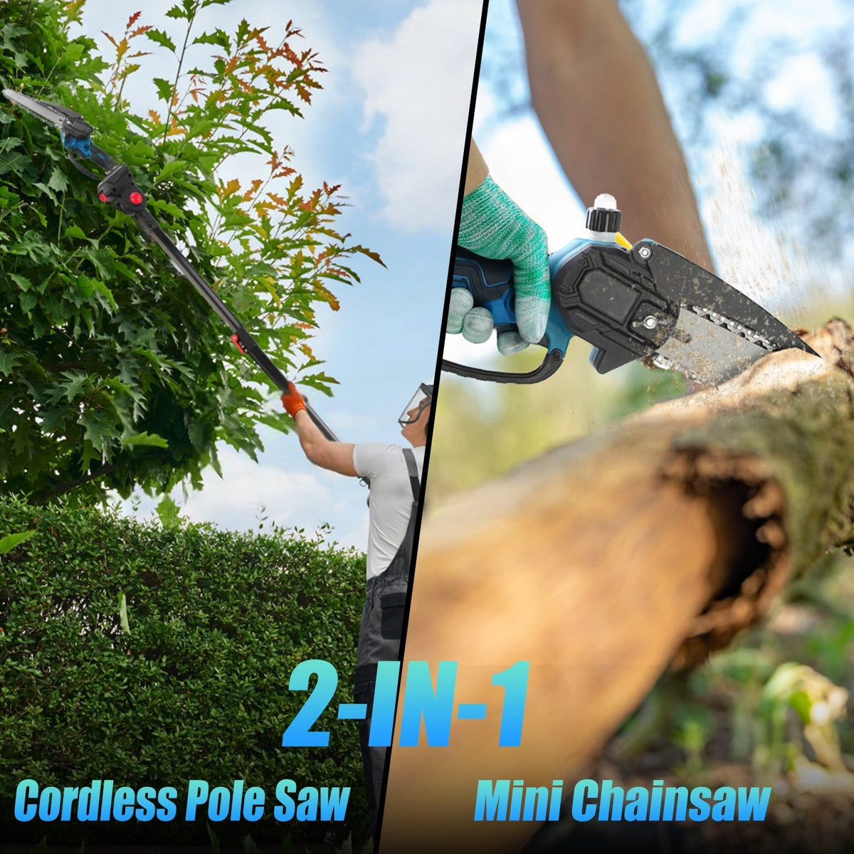 2-In-1 8Ó Cordless Electric Pole Saw and Mini Chainsaw with Extension Poles 2Pcs 21V 3.0Ah Batteries Adjustable Length Chain Saw With Auto Oiler Safet