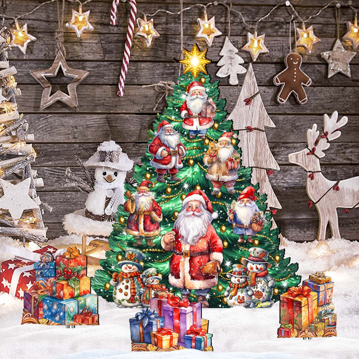 Santa Claus-Themed Christmas Tree Set Outdoor Indoor Décor Wooden Christmas Decoration by G. Debrekht Christmas Décor - 8191516F-G