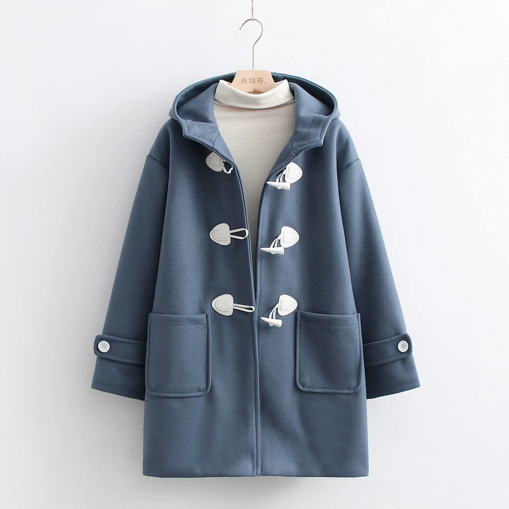 Solid-color Horn-button Womens Hooded Cardigan Wool Coat