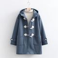 Solid-color Horn-button Womens Hooded Cardigan Wool Coat