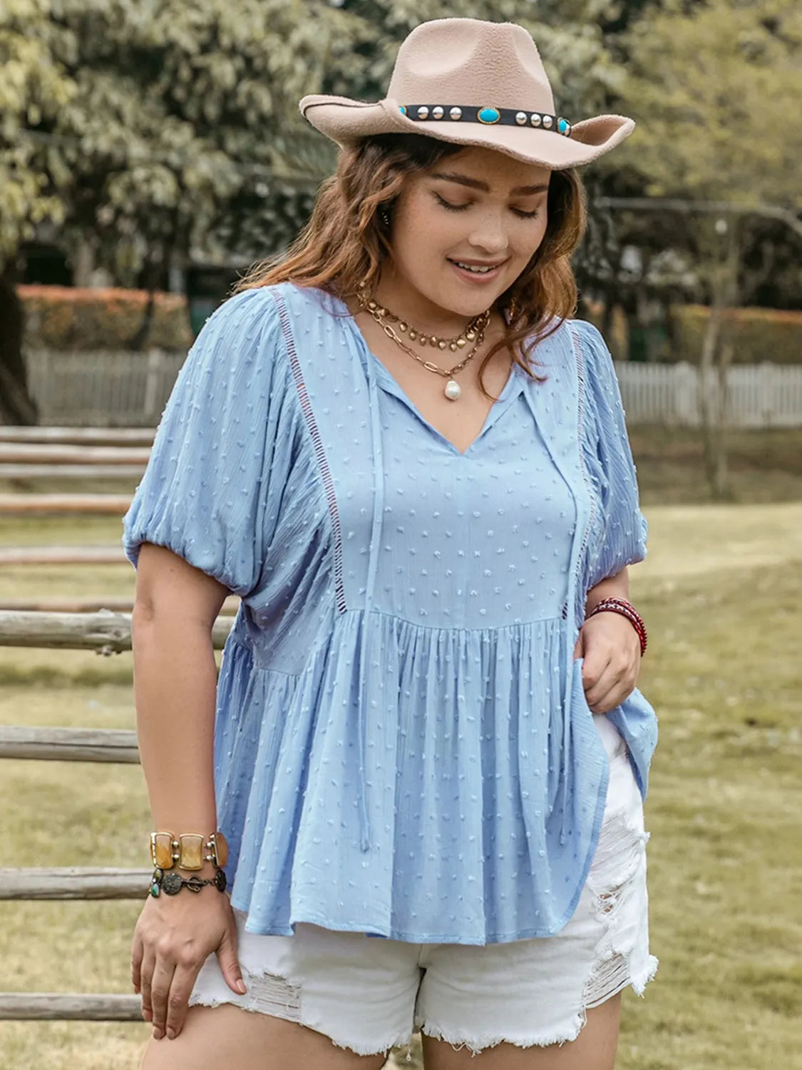 Swiss Dot Tie Neck Short Sleeve Blouse