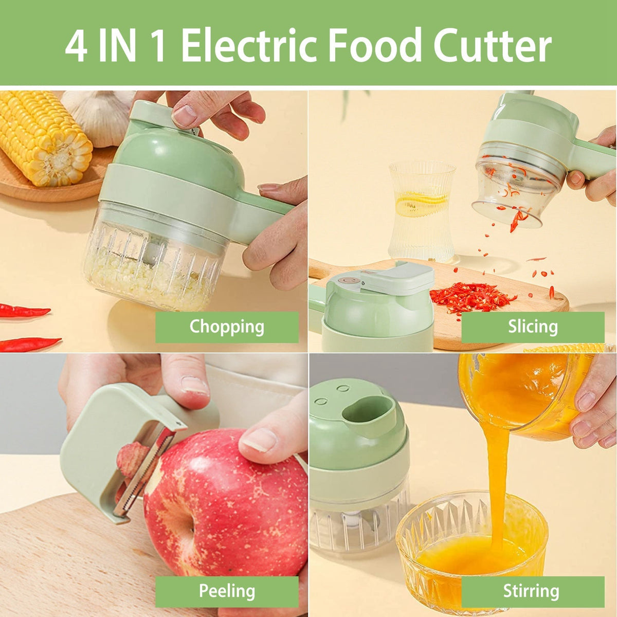 4 in 1 Handheld Electric Vegetable Cutter Mini Food Fruit Chopper Grinder Slicer Dicer Garlic Meat Ginger Mud Masher Rechargeable Food Processor