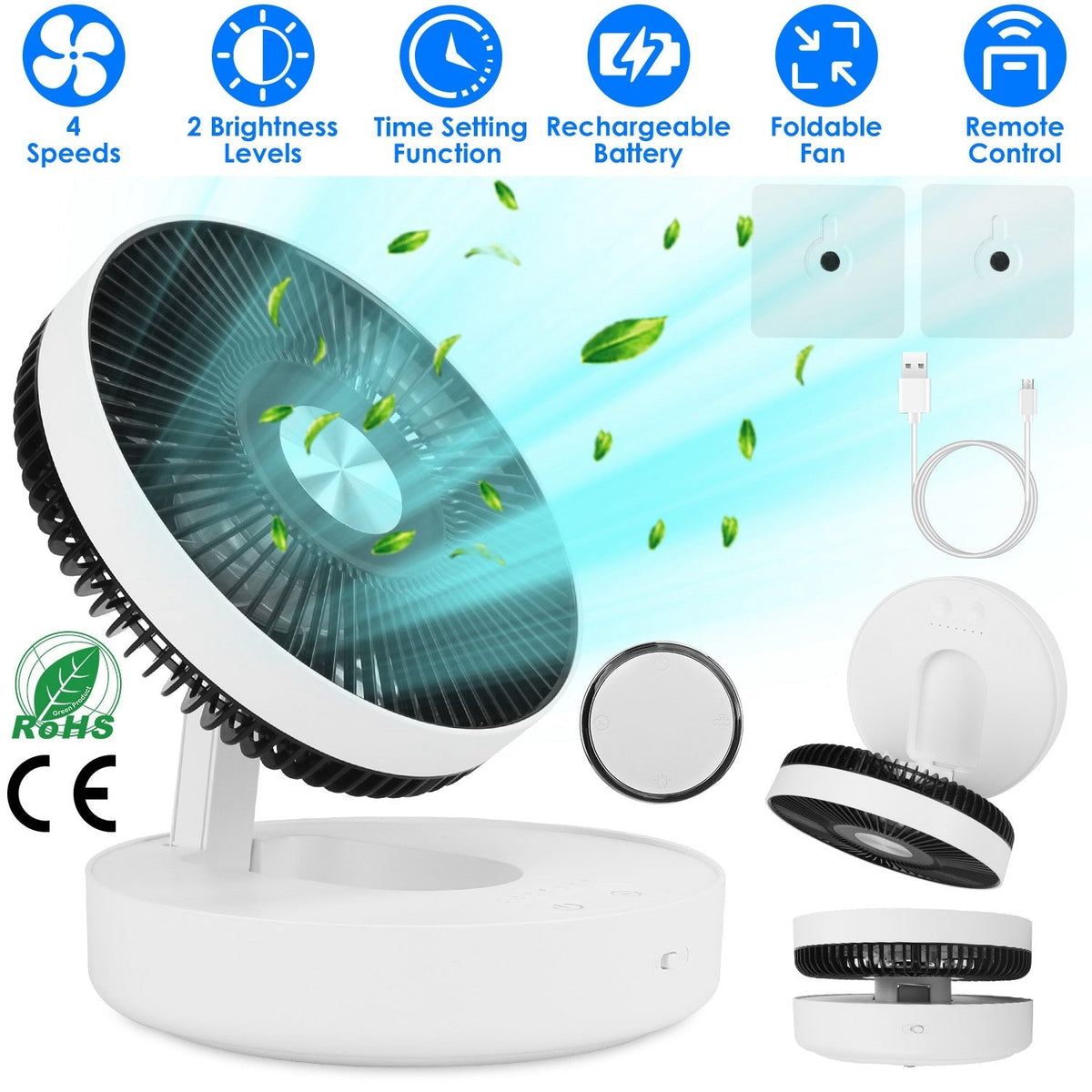 Foldable Rechargeable LED Desk Fan Wall Mounted Fan with Magnetic Remote Hanging Oscillating Fan with 4 Speeds 2 Brightness Time Setting Automatic Rot