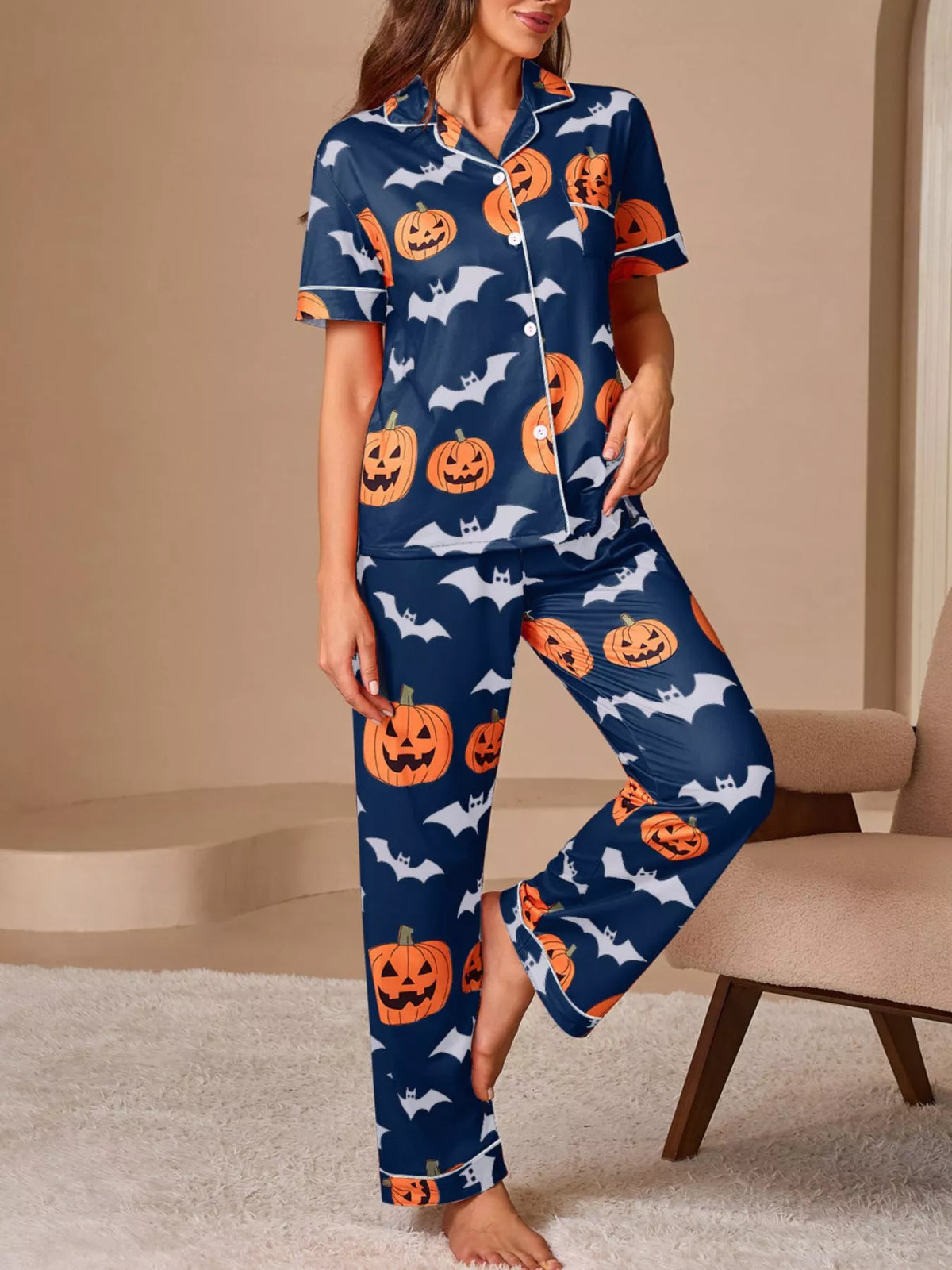 Halloween Pumpkin and Bat Print Button-Down Top and Pants Lounge Set