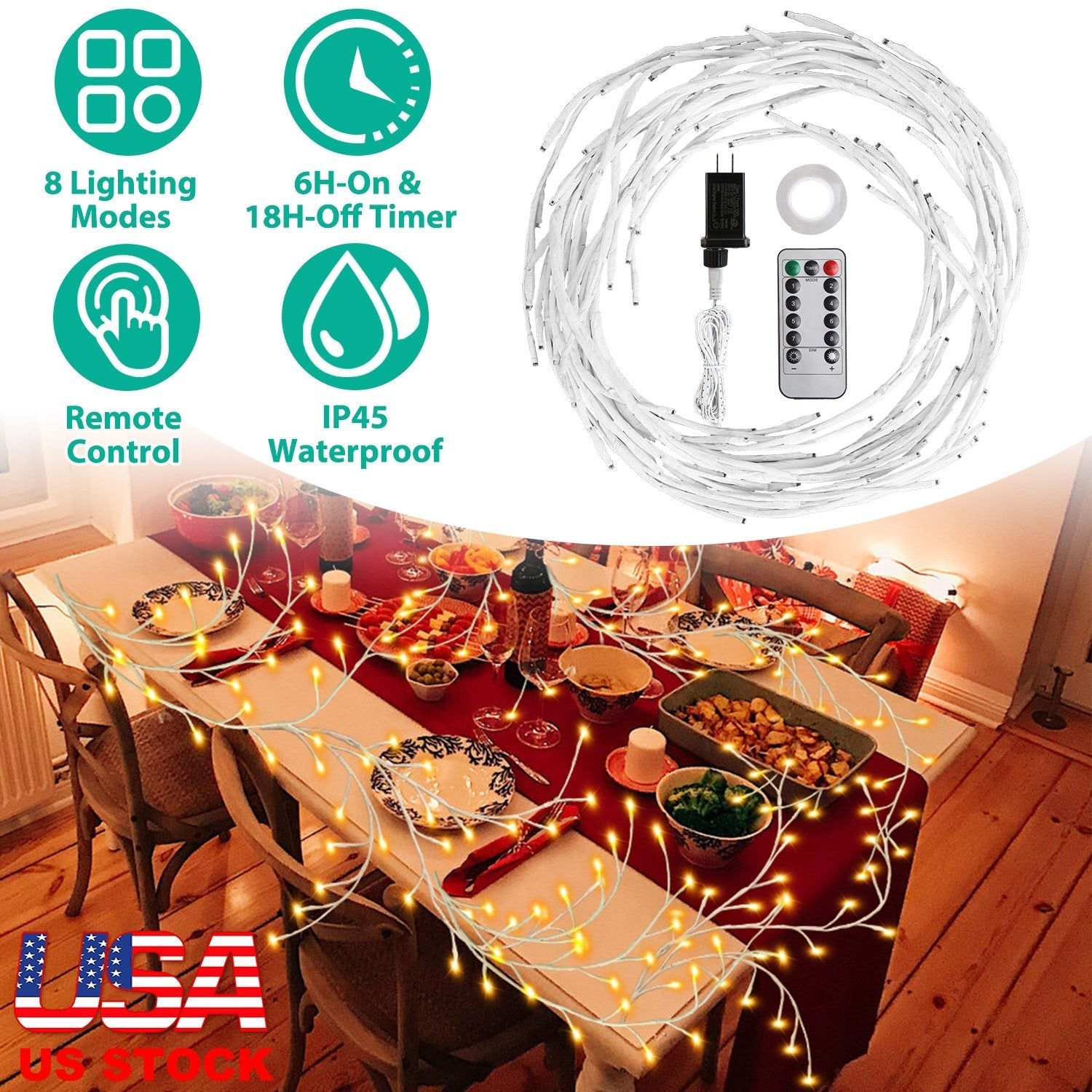 Lighted Birch Garland 7.87FT Lighted Twig Vine Lights 144LED Birch Garland with Lights String Light with Timer 8 Modes IP45 Waterproof for Christmas F