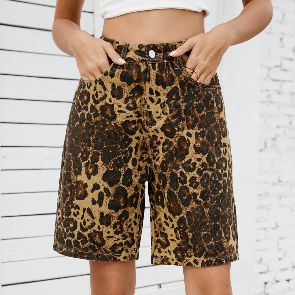 Summer New Washed Casual Retro Leopard-Print Slimming Denim Shorts