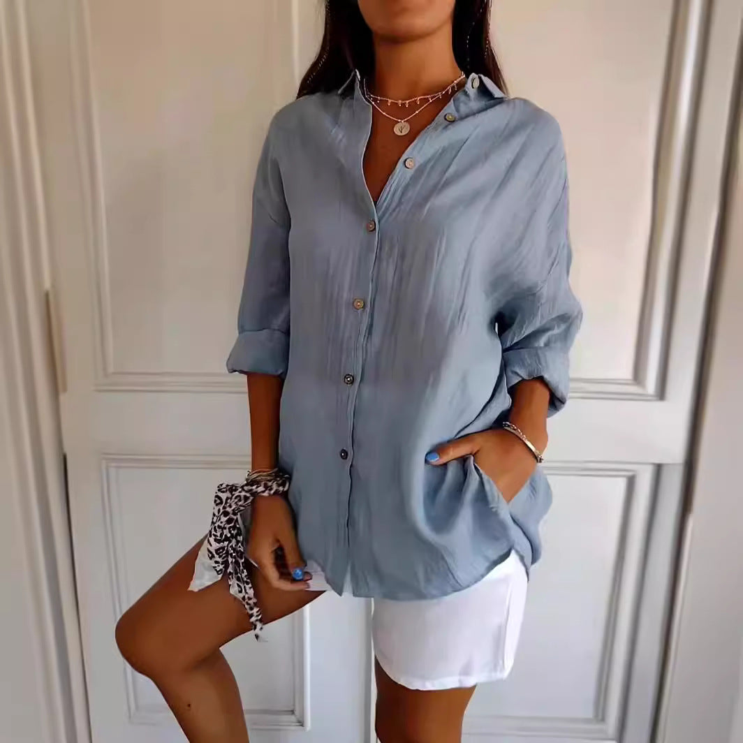 Women’s Lapel Long Sleeve Cardigan Shirt – Single-Breasted Pleated