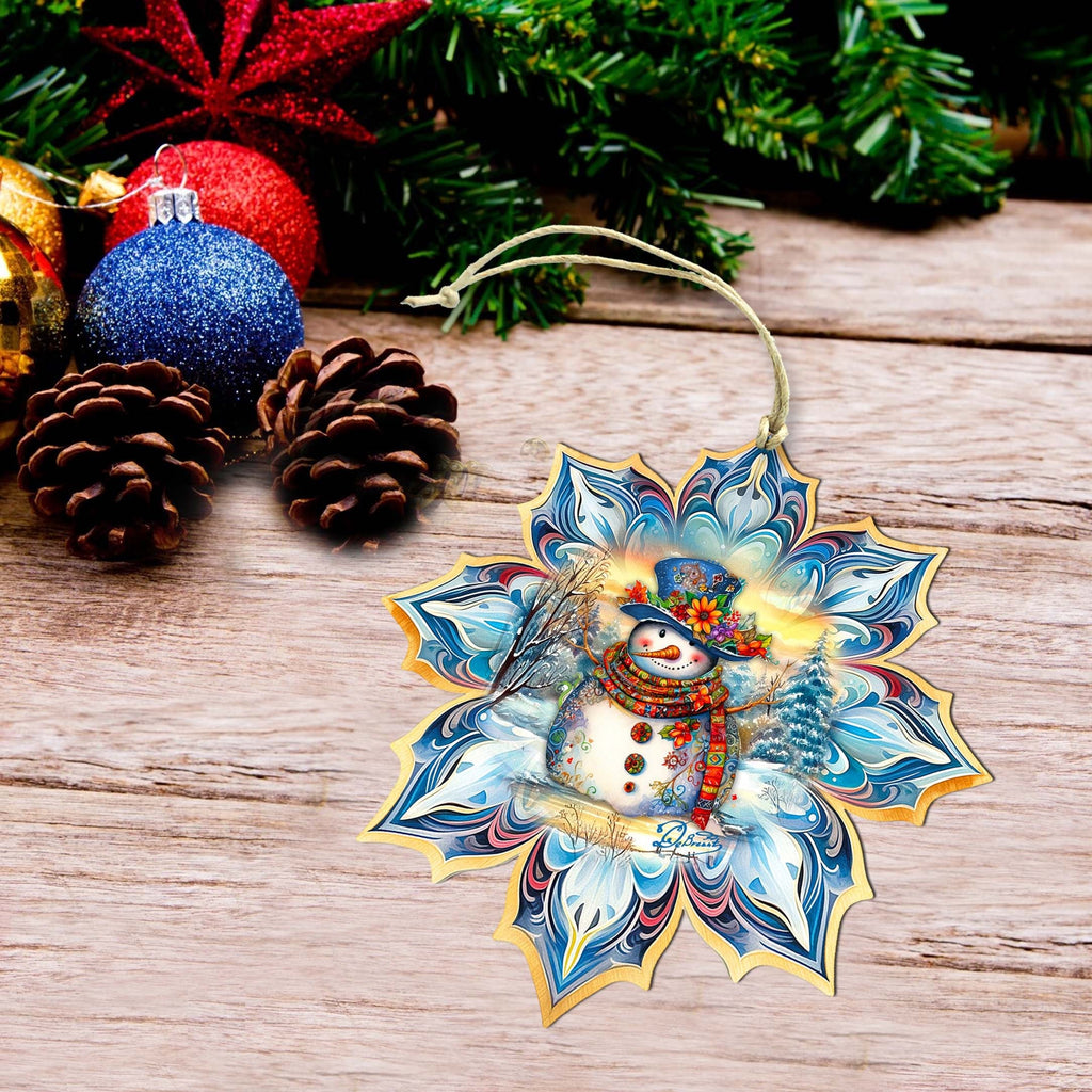 Snowman Blue Snowflake Large Wooden Ornament by G. Debrekht - Christmas Santa Snowman Decor - 8688427M