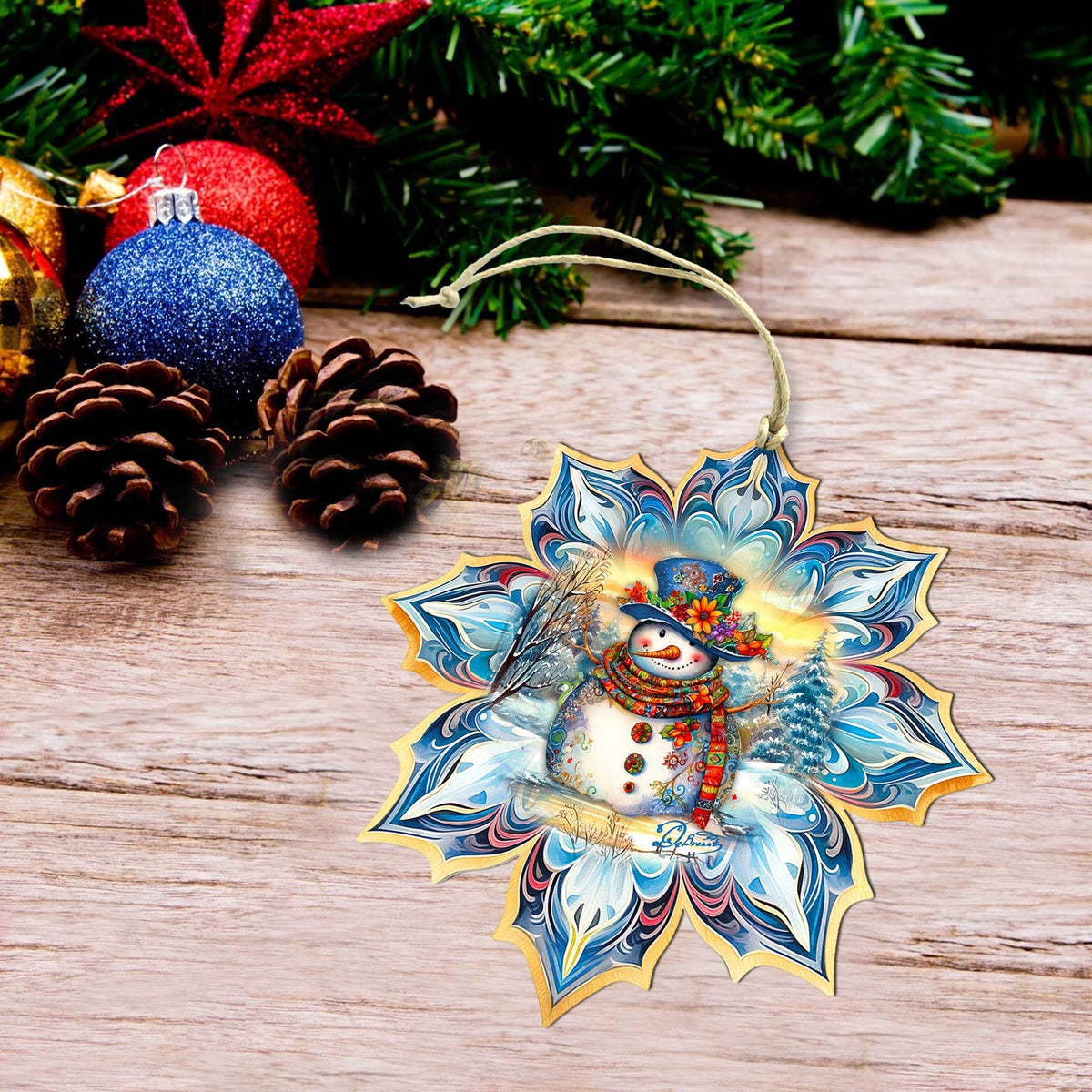 Snowman Blue Snowflake Large Wooden Ornament by G. Debrekht - Christmas Santa Snowman Decor - 8688427M