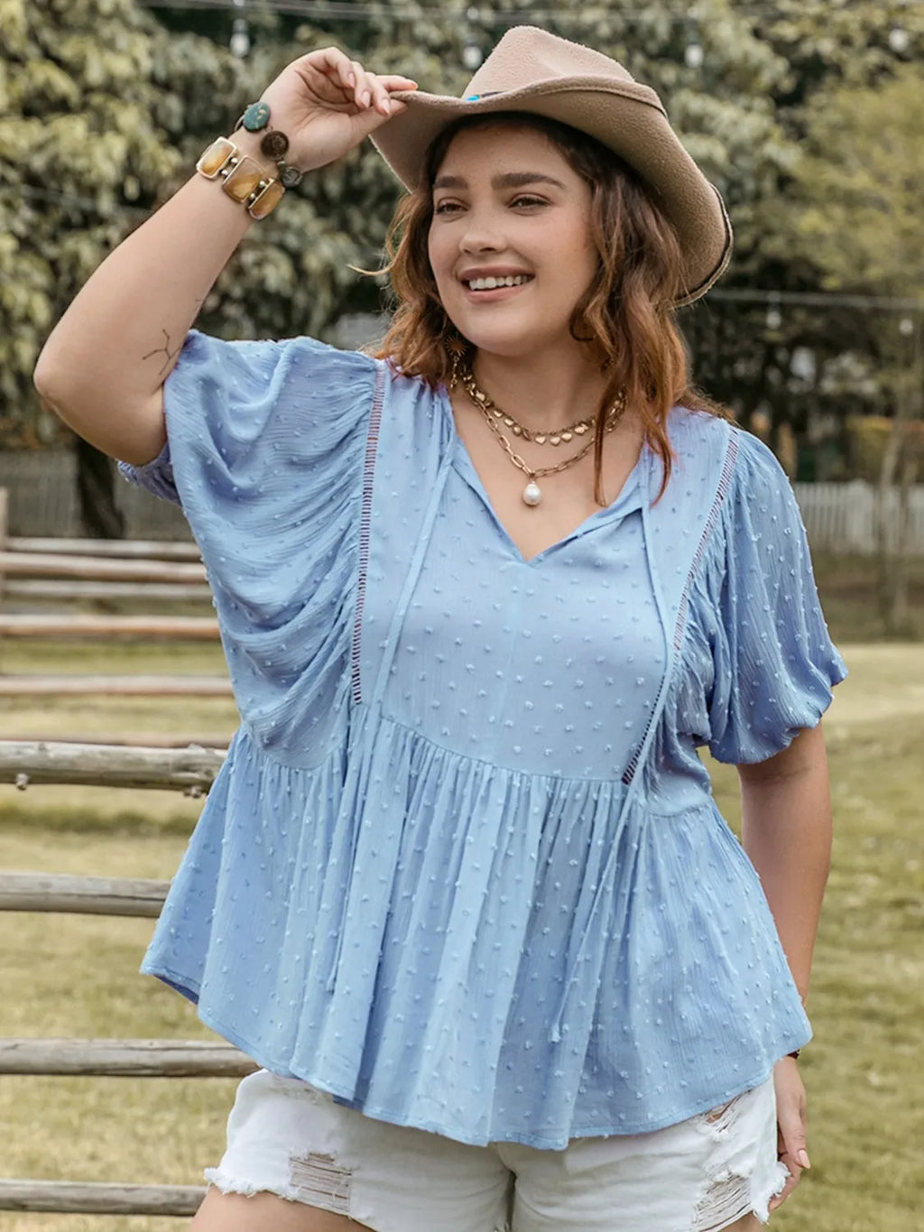 Swiss Dot Tie Neck Short Sleeve Blouse