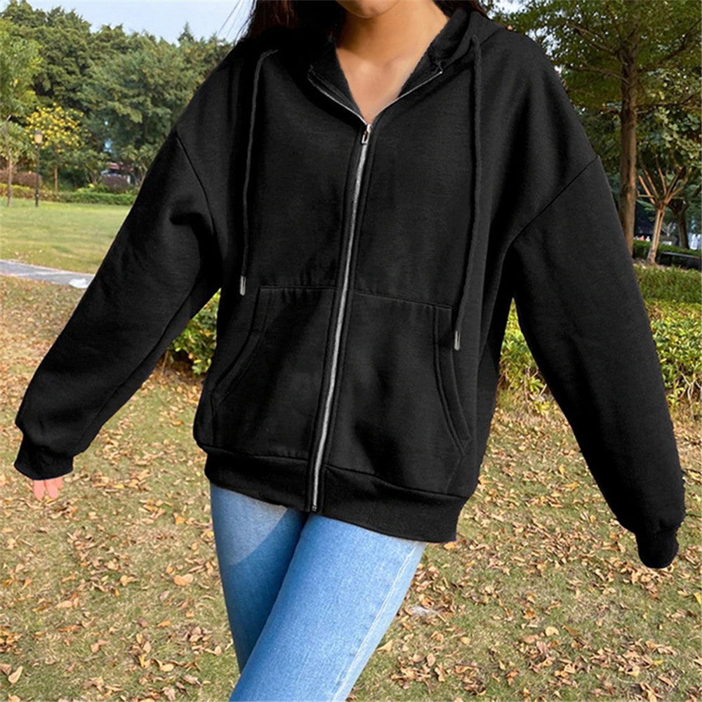 Women's Loose Zip Hooded Jacket – Casual Street Style Long Sleeve