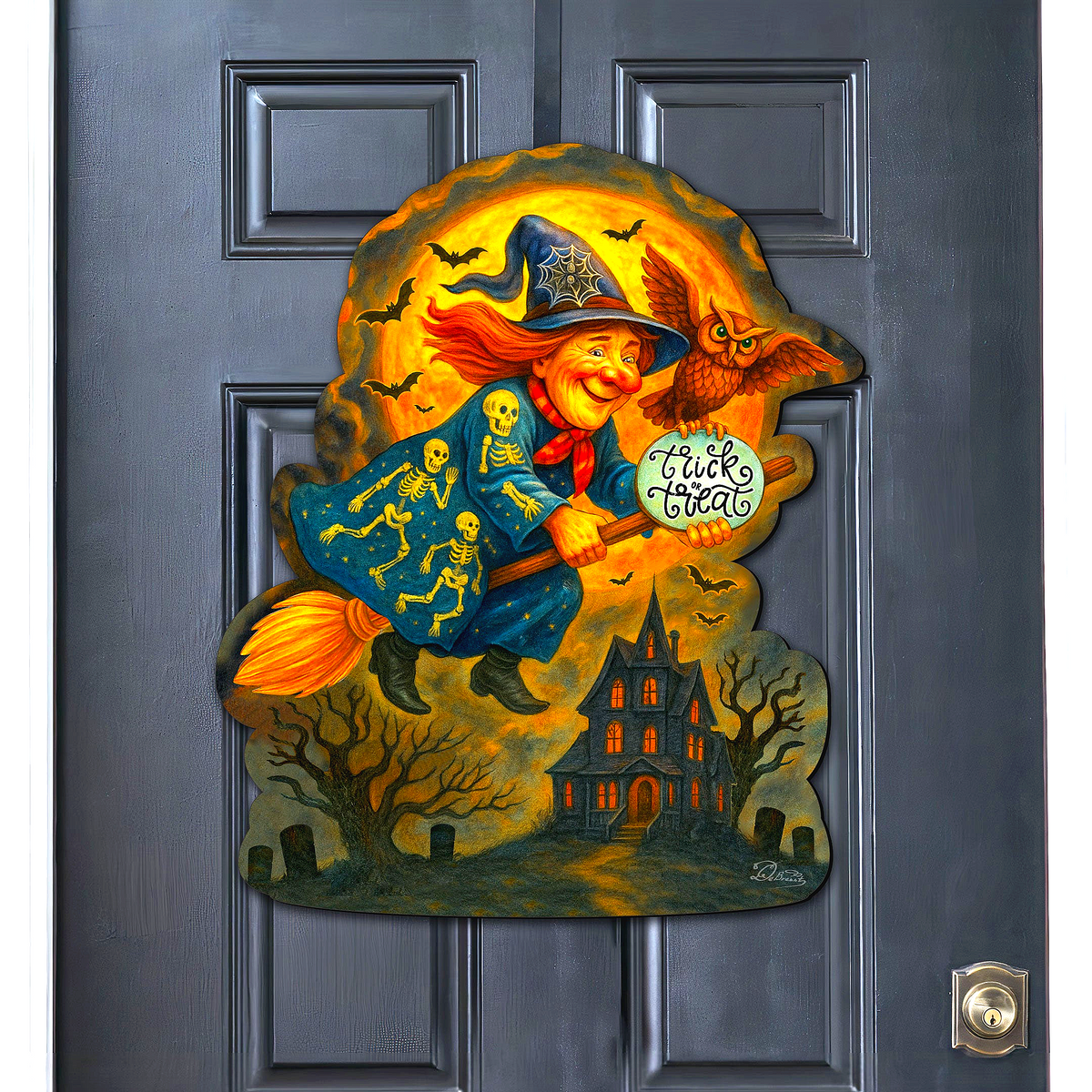 Halloween Flying Witch Door Hanger – Handcrafted Wooden Door Décor by G. DeBrekht – 8652837H
