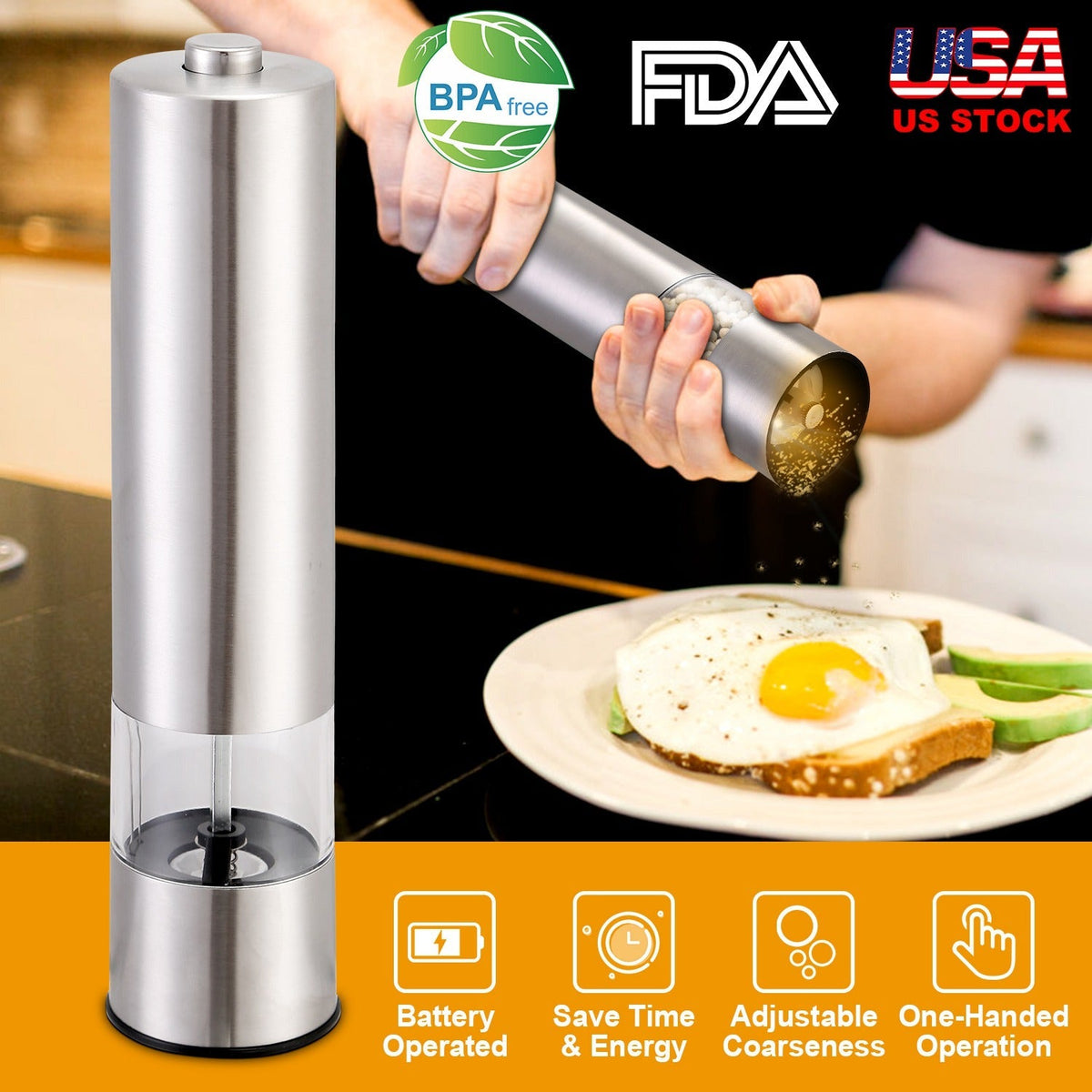 Electric Salt Pepper Grinder with Light Adjustable Coarseness Stainless Steel Salt Pepper Shaker Battery Operated Pepper Grinder Mill Easy Refill and