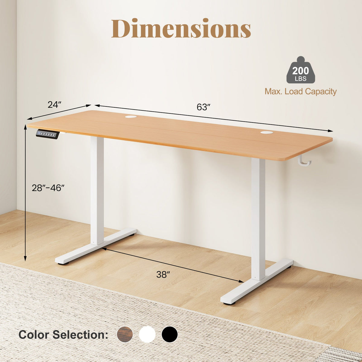 Electric Standing Desk with 3 Memory Heights and 2 Hanging Hooks and Cable Holes