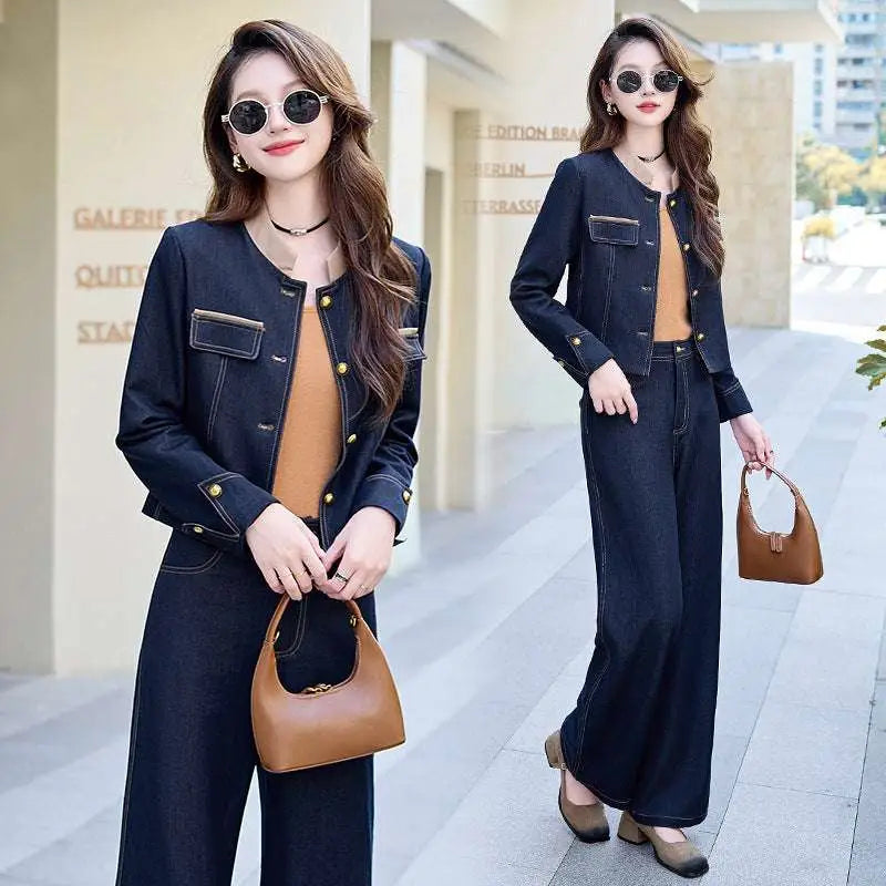 Elegance Retro Casual Denim Jacket and Pants Set