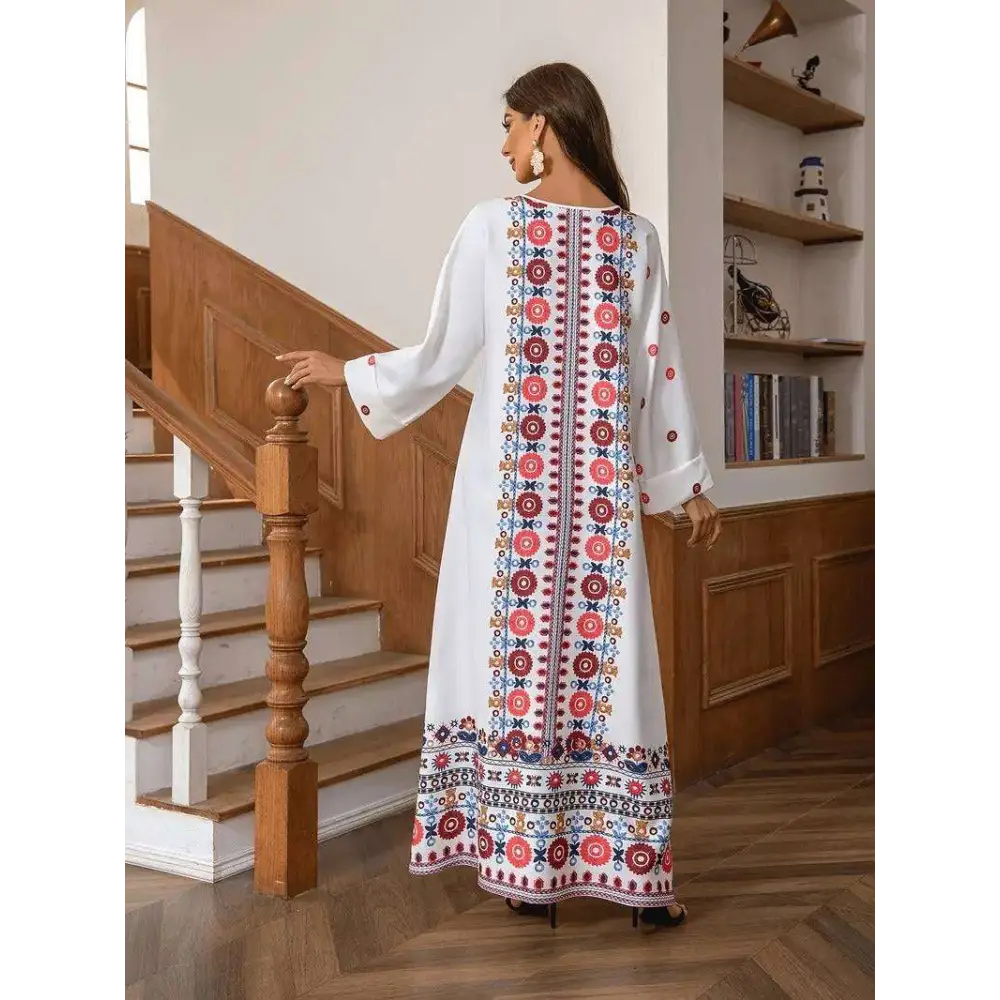 Embroidered Rhinestone Bead Long Sleeve Maxi Dress