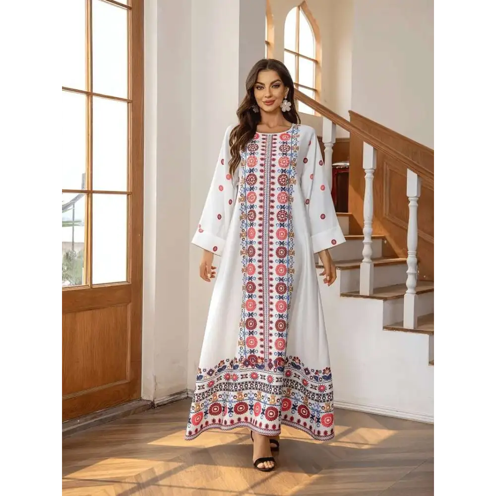 Embroidered Rhinestone Bead Long Sleeve Maxi Dress