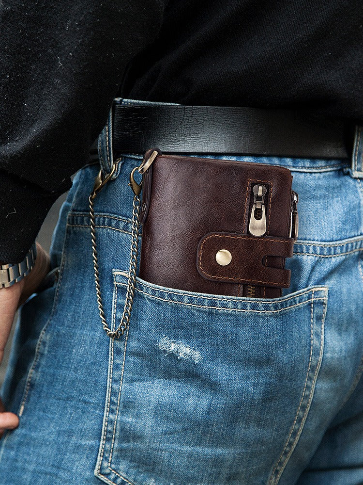 European and American first-layer kraft card bag men's short genuine leather wallet Father's Day gift