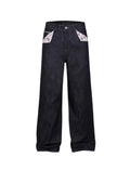 Red-edged Red-ear Raw-edge Slim A-line Straight-leg Floral Denim Jeans For Women