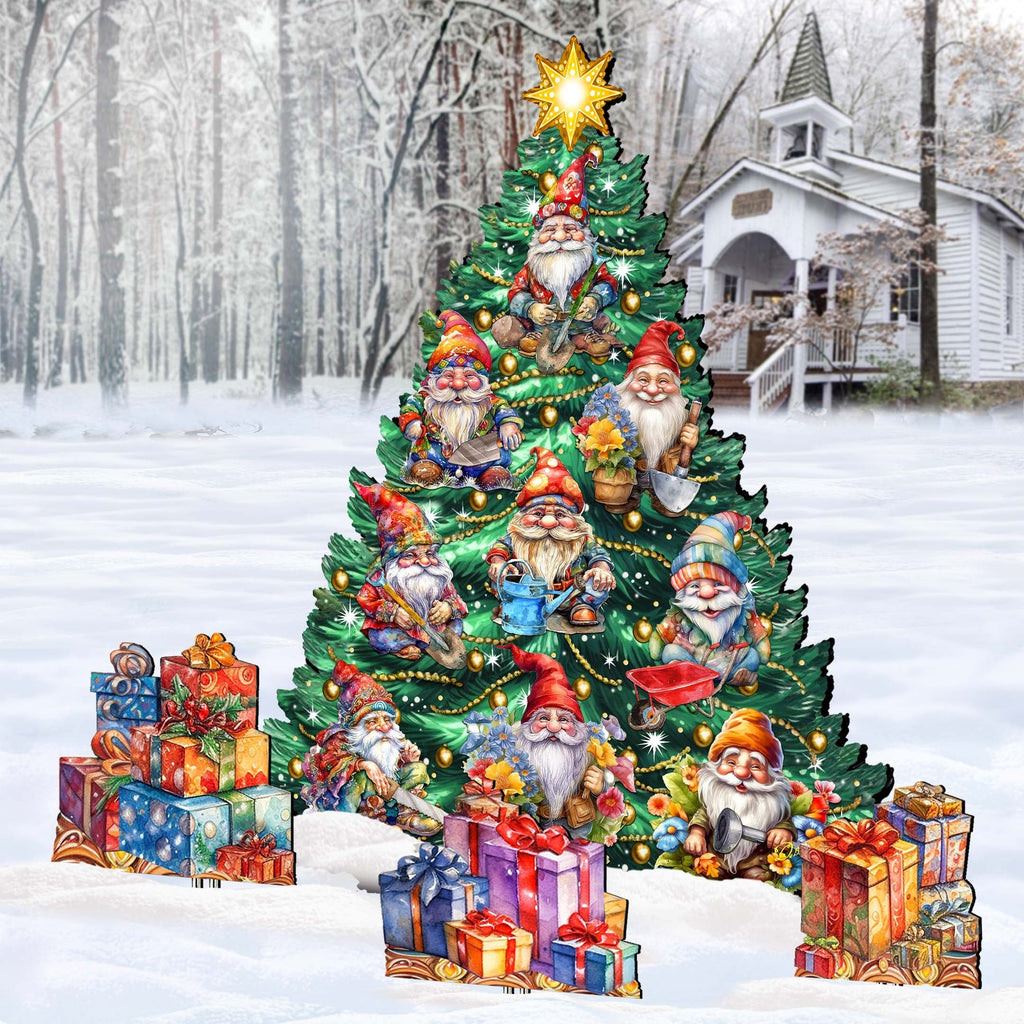 Gnomes-Themed Christmas Tree Set Outdoor Indoor Decor Wooden Christmas Decoration by G. Debrekht Christmas Decor - 8191512F-G
