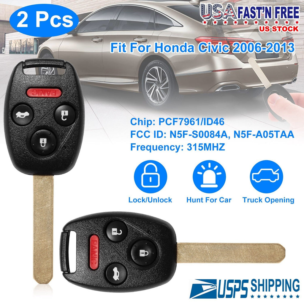 2Pcs Fit For Honda Civic 2006-2013 Remote Keyless Entry Shell Button Car Key _x000B__x000B_Fob Uncut Key Cover Case N5F-S0084A N5F-A05TAA